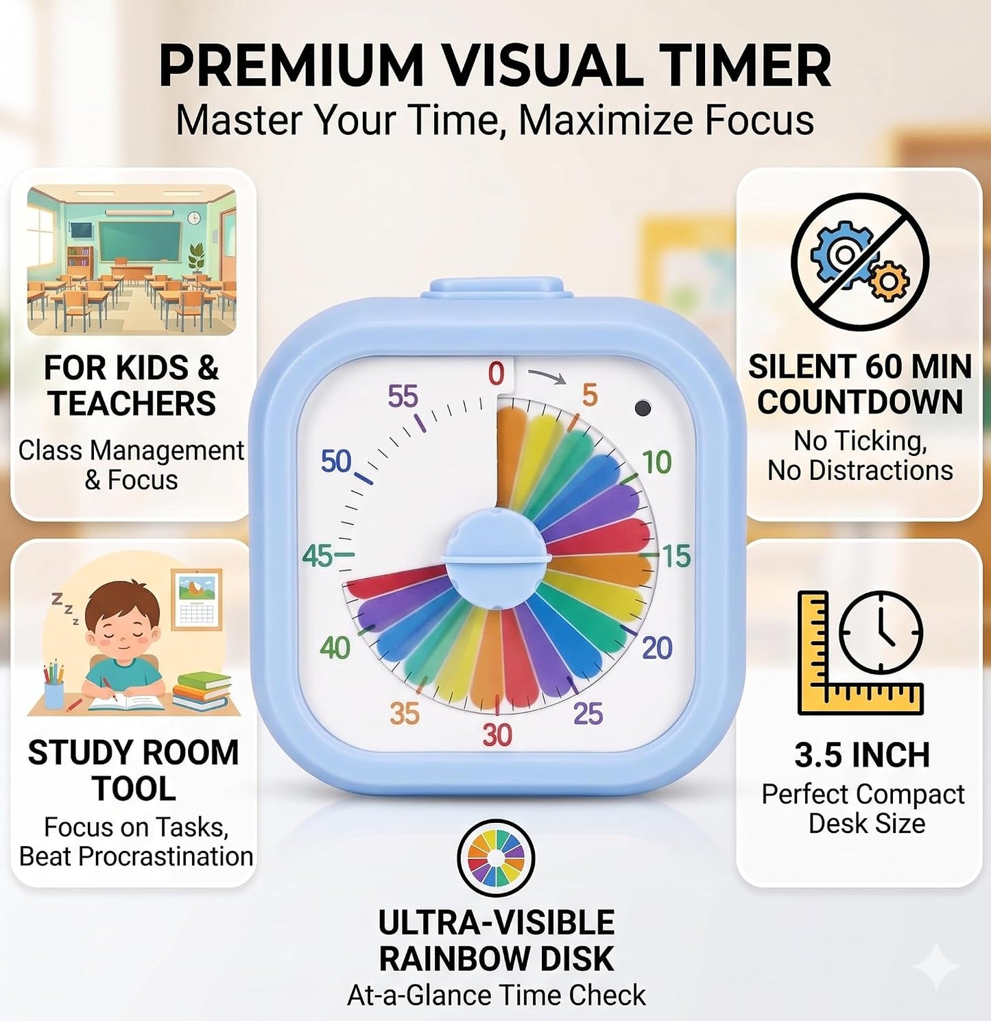 Visual Timer for Kids Toddlers, 60 Minute Countdown Clock | Rainbow Disk Pomodoro Timers for Classroom Kitchen Office, Desk Silent Time Management Tool Pomodoro Timers (3.5 Inch)