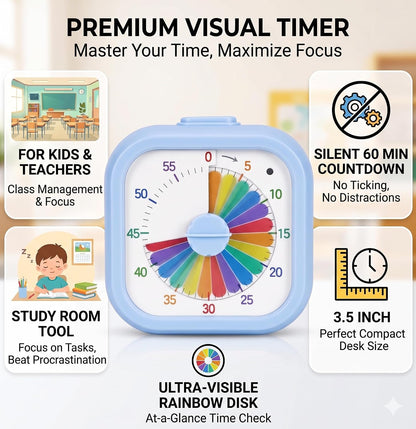 Visual Timer for Kids Toddlers, 60 Minute Countdown Clock | Rainbow Disk Pomodoro Timers for Classroom Kitchen Office, Desk Silent Time Management Tool Pomodoro Timers (3.5 Inch)