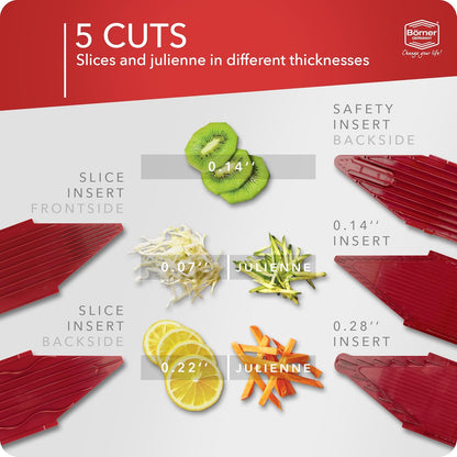 Mandoline Food Slicer Börner V1 (Profi Set) by Reston Lloyd • V-Slicer with 4 Inserts, Docking Station & Food Holder • Made in Germany • Fruit & Vegetable Chopper • Multiple Settings • Color: Red