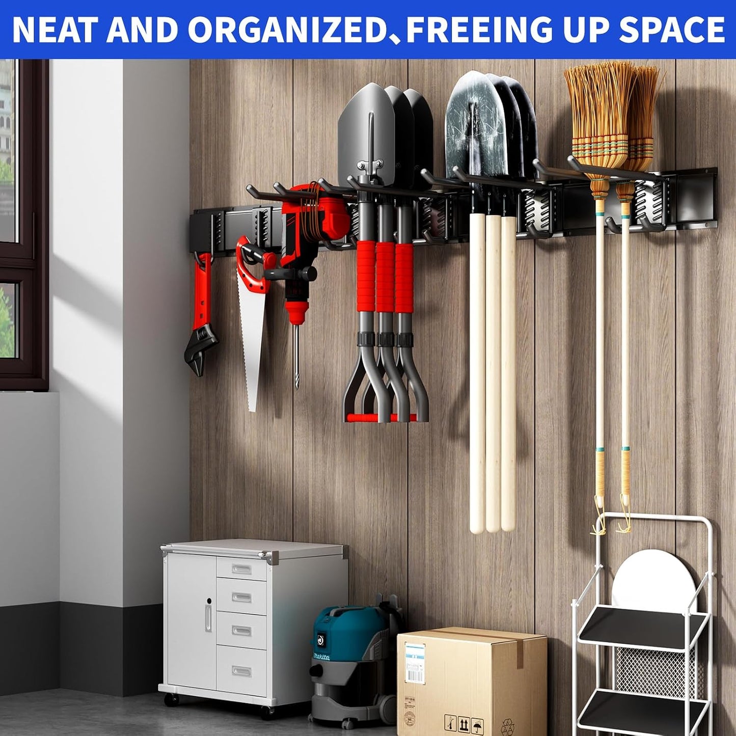 Garage Tool Organizer Wall Mount, 48 Inch Heavy Duty Garden Tool Organizer Storage System, Easy Install with 6 Adjustable Straight Hooks, for Garage, Basement, Shed, Workshop, Black, Steel