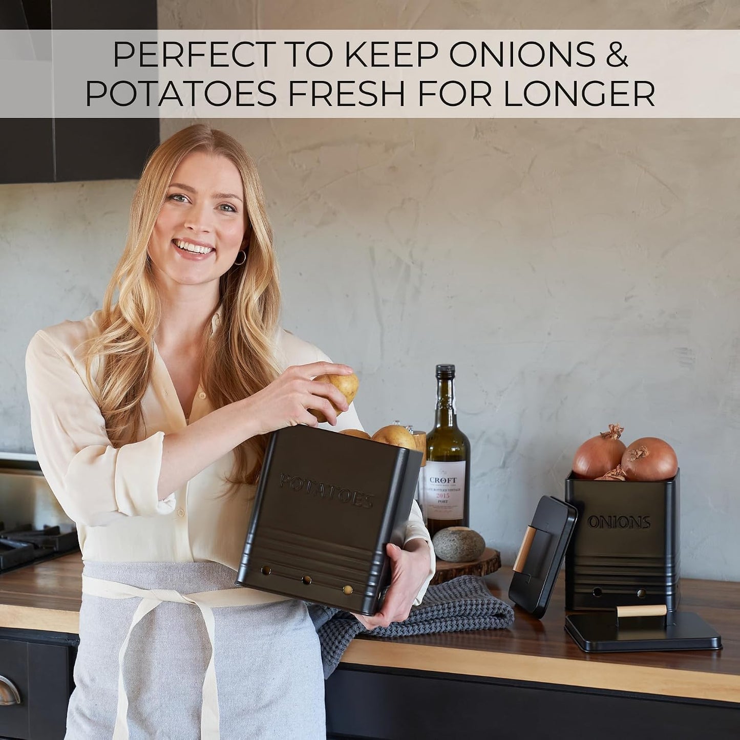 Beautiful Potato and Onion Storage Container Set - Food Safe Metal Bins | Spacious 10.1" and 8.9" Canisters for Your Kitchen Counter or Pantry - Keeps Produce Fresh Longer