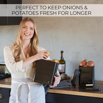 Beautiful Potato and Onion Storage Container Set - Food Safe Metal Bins | Spacious 10.1" and 8.9" Canisters for Your Kitchen Counter or Pantry - Keeps Produce Fresh Longer