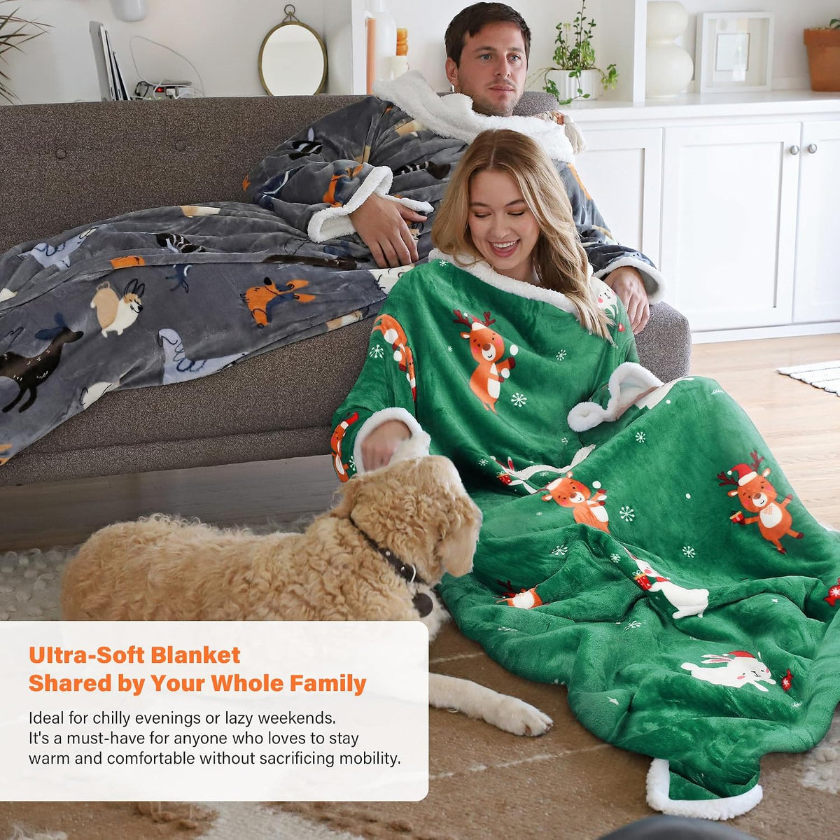 Catalonia Sherpa Wearable Blanket with Sleeves and Pocket for Adults