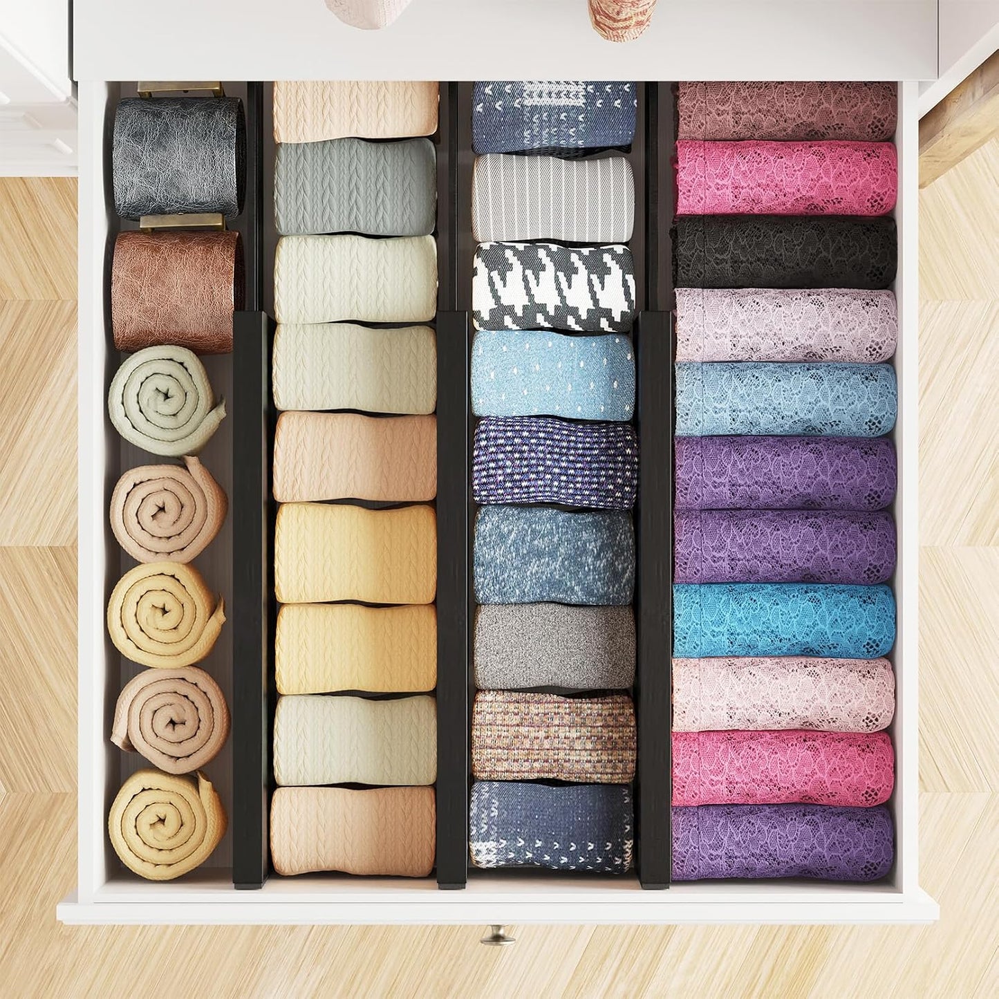 SpaceAid Bamboo Dresser Drawer Dividers 6 Pack, 4.65“ High Adjustable 12.5“-17” Drawer Organizers, Expandable Organization for Clothing, Clothes, Dressers, Natural
