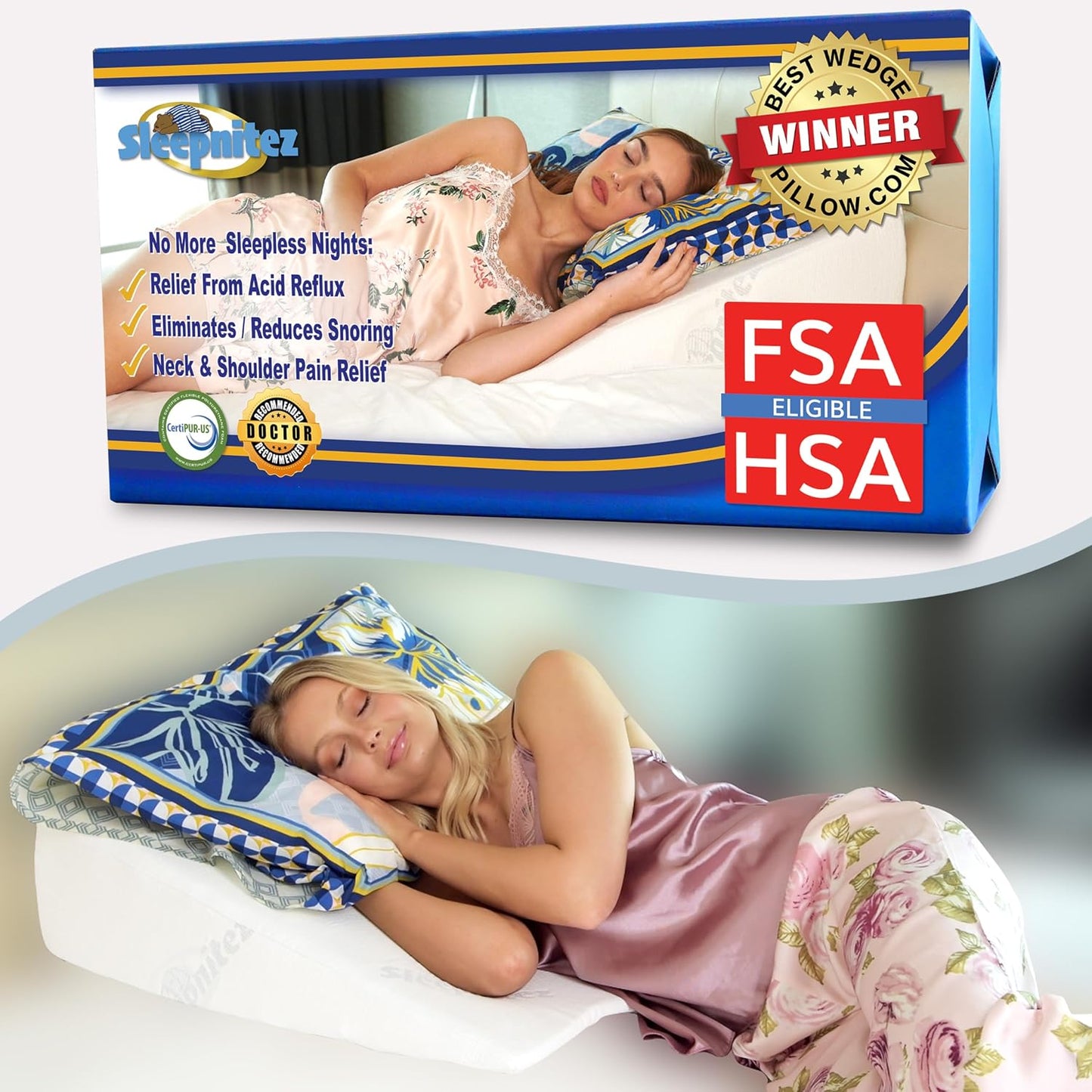 12" Bed Wedge Pillow for GERD, Acid Reflux, Sleep Apnea, Snoring | Cooling 3" memory foam top and cover for side sleepers, post-surgery, back support and leg elevation U-shaped easy-off/on zip
