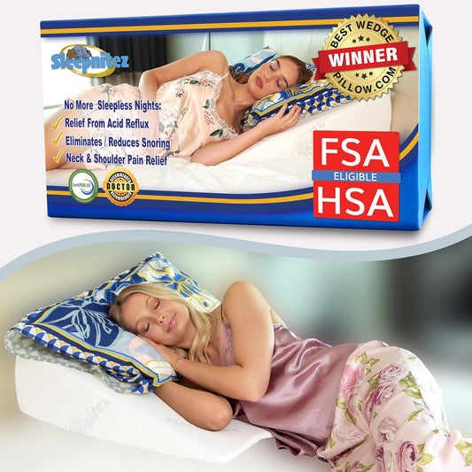 12" Bed Wedge Pillow for GERD, Acid Reflux, Sleep Apnea, Snoring | Cooling 3" memory foam top and cover for side sleepers, post-surgery, back support and leg elevation U-shaped easy-off/on zip