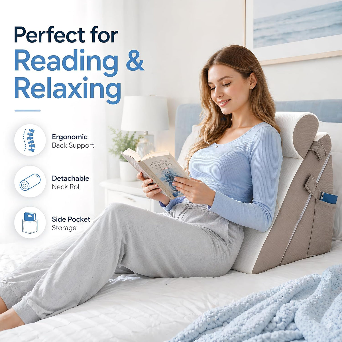 Bed Wedge Pillow, Foam Wedge Pillow for Sleeping, Reading, Sitting Up and Leg Elevation, 2 Piece Wedge Pillow Set