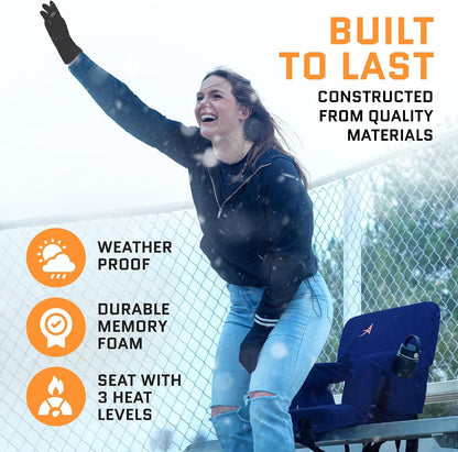 Heated Stadium Seats for Bleachers with Back Support – USB Battery Included - Upgraded 3 Levels of Heat - Foldable Chair - Cushioned, 4 Pockets for Snacks, Cup Holder - for Camping, Games & Sports