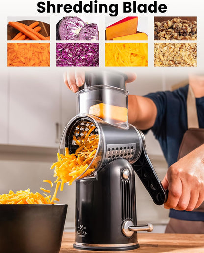 Zulay Kitchen Rotary Cheese Grater 5 Blade Cheese Shredder - Manual Hand Crank Cheese Grater With Reinforced Suction & 5 Interchangeable Drums - Easy to Use, Vegetable Chopper Round Mandoline Slicer - Colors B