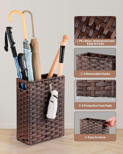 Rattan Umbrella Stand, Umbrella Holder for Entryway, Hand Woven Umbrella Rack Organizer Freestanding, with a Detachable Drip Tray, 4 Hooks, 11.8" L x 5.5" W x 16.5" H, Natural