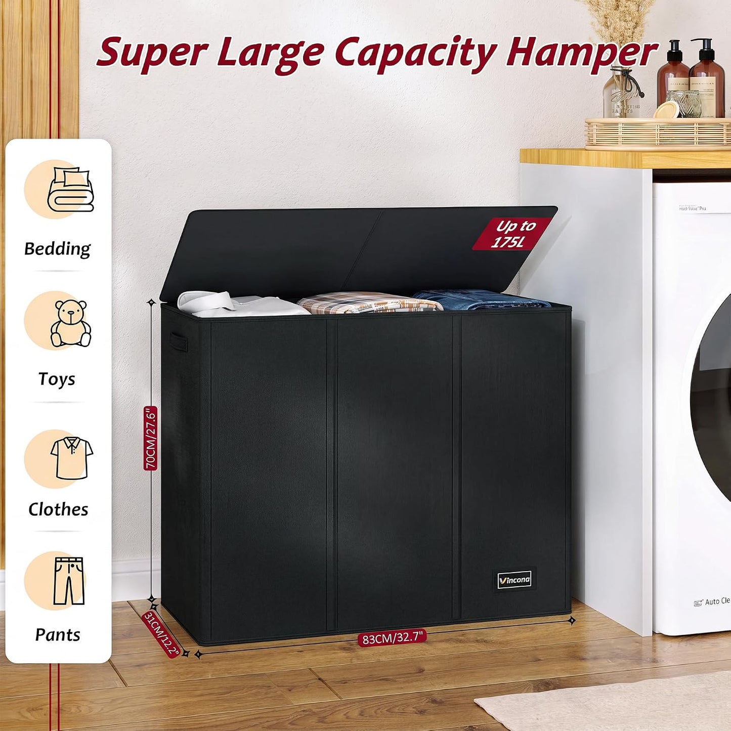 195L Laundry Hamper 3 Section,Large Laundry Hamper with Lid,Dirty Clothes Hamper with 3 Inner Bags,Collapsible Laundry Basket Organizer for Laundry Room,Bedroom,Laundry Sorter Hamper 3 Compartment