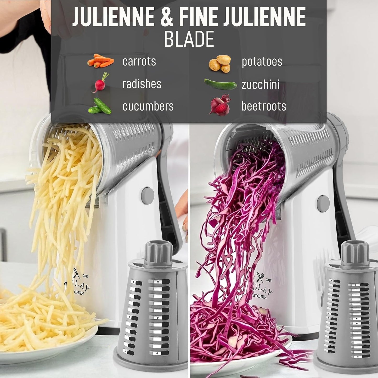 Zulay Kitchen Rotary Cheese Grater 5 Blade Cheese Shredder - Manual Hand Crank Cheese Grater With Reinforced Suction & 5 Interchangeable Drums - Easy to Use, Vegetable Chopper Round Mandoline Slicer - Colors B