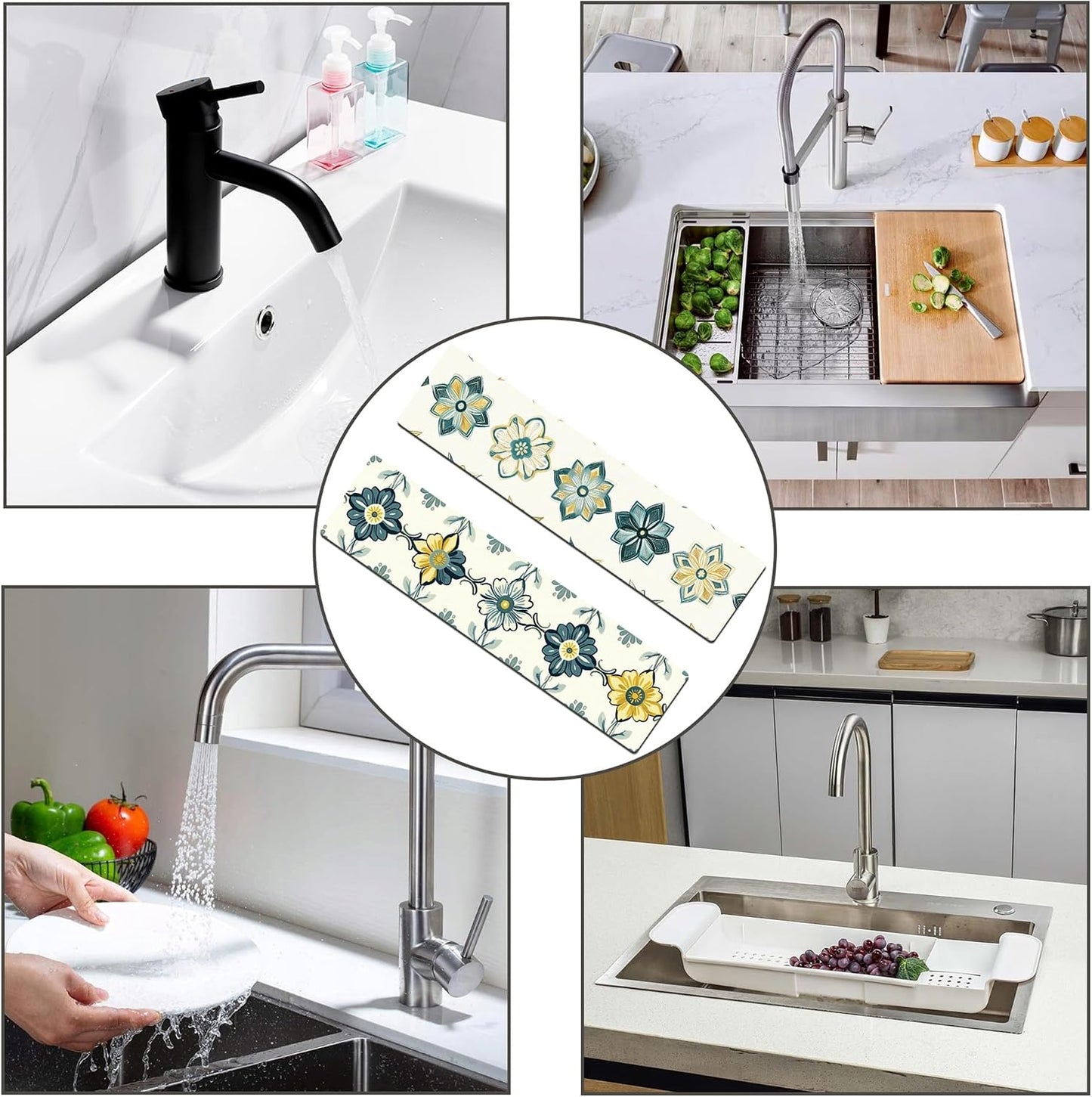 Bimkole 2 PCS Faucet Absorbent Mat, Kitchen Faucet Sink Splash Guard Wraparound Cloth Pads Drip Catcher for Sink Faucet for Kitchen Bathroom Faucet, Colorful Faucet Mat, 15 x 4 Inch Flower A6