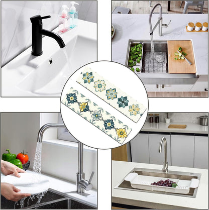 Bimkole 2 PCS Faucet Absorbent Mat, Kitchen Faucet Sink Splash Guard Wraparound Cloth Pads Drip Catcher for Sink Faucet for Kitchen Bathroom Faucet, Colorful Faucet Mat, 15 x 4 Inch Flower A6