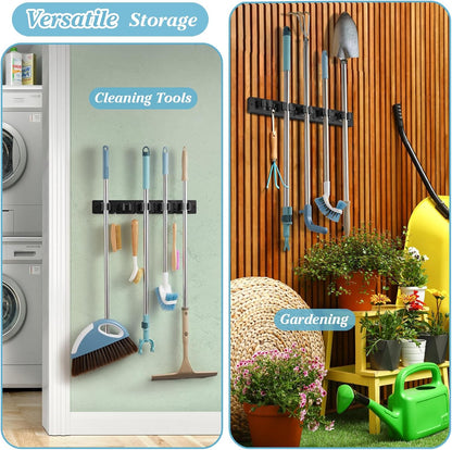 White Broom Holder Wall Mount - Heavy Duty Wood Mop and Broom Organizer with 5 Slots & 4 Hooks - Garden Tool Hanger for Laundry Room Closet Kitchen Garage Storage and Organization - Modern Home Decor