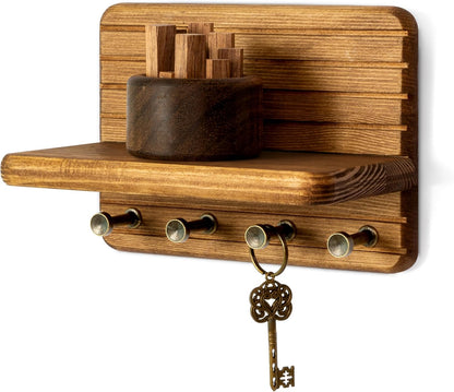 Rebee Vision Pine Wood Key Holder Wall Mount with Shelf for Entryway, Brown | 6 Key Hooks, Round Corner, Smooth&Hand-Friendly, Clear Wood Texture, Space-Saving Design, Organize Mail & Letter