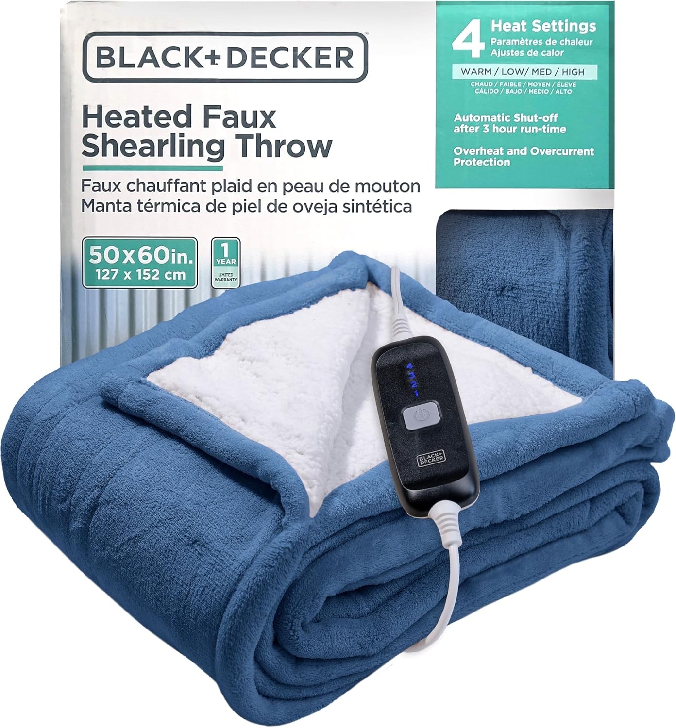 Black+Decker Heated Blanket Electric Throw, Fleece Electric Blanket, Heating Blanket with 4 Heating Levels, 3H Timer, Auto Shutoff, Fast Heating (50x60 inches, Grey)