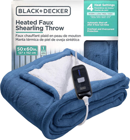 Black+Decker Heated Blanket Electric Throw, Fleece Electric Blanket, Heating Blanket with 4 Heating Levels, 3H Timer, Auto Shutoff, Fast Heating (50x60 inches, Grey)