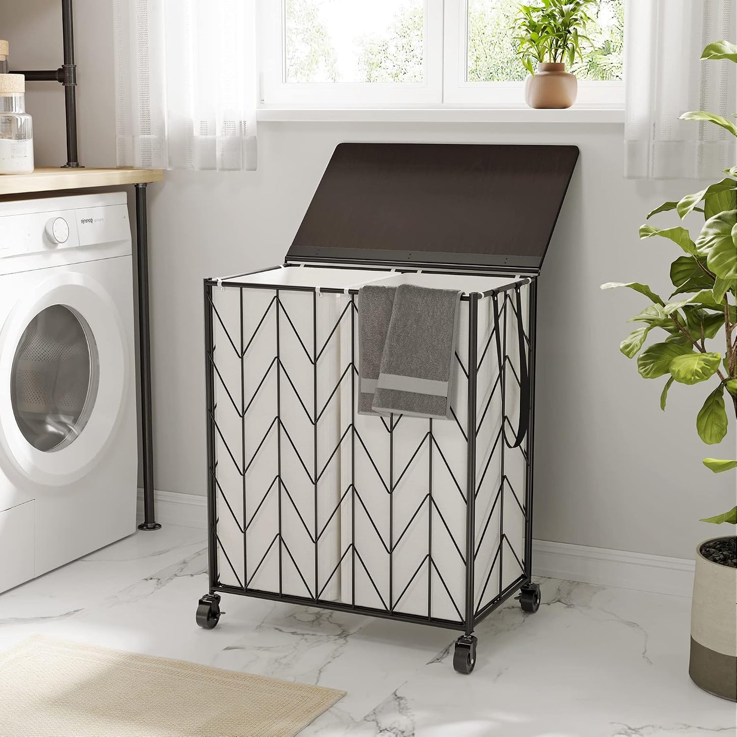 WOWLIVE Laundry Hamper 3 Section with Lid, 142L Laundry Basket with Wheels | Rolling Dirty Clothes Hamper with Removable Bags, Large Iron-Made Laundry Basket Organizer Laundry Sorter for Dorm, Beige