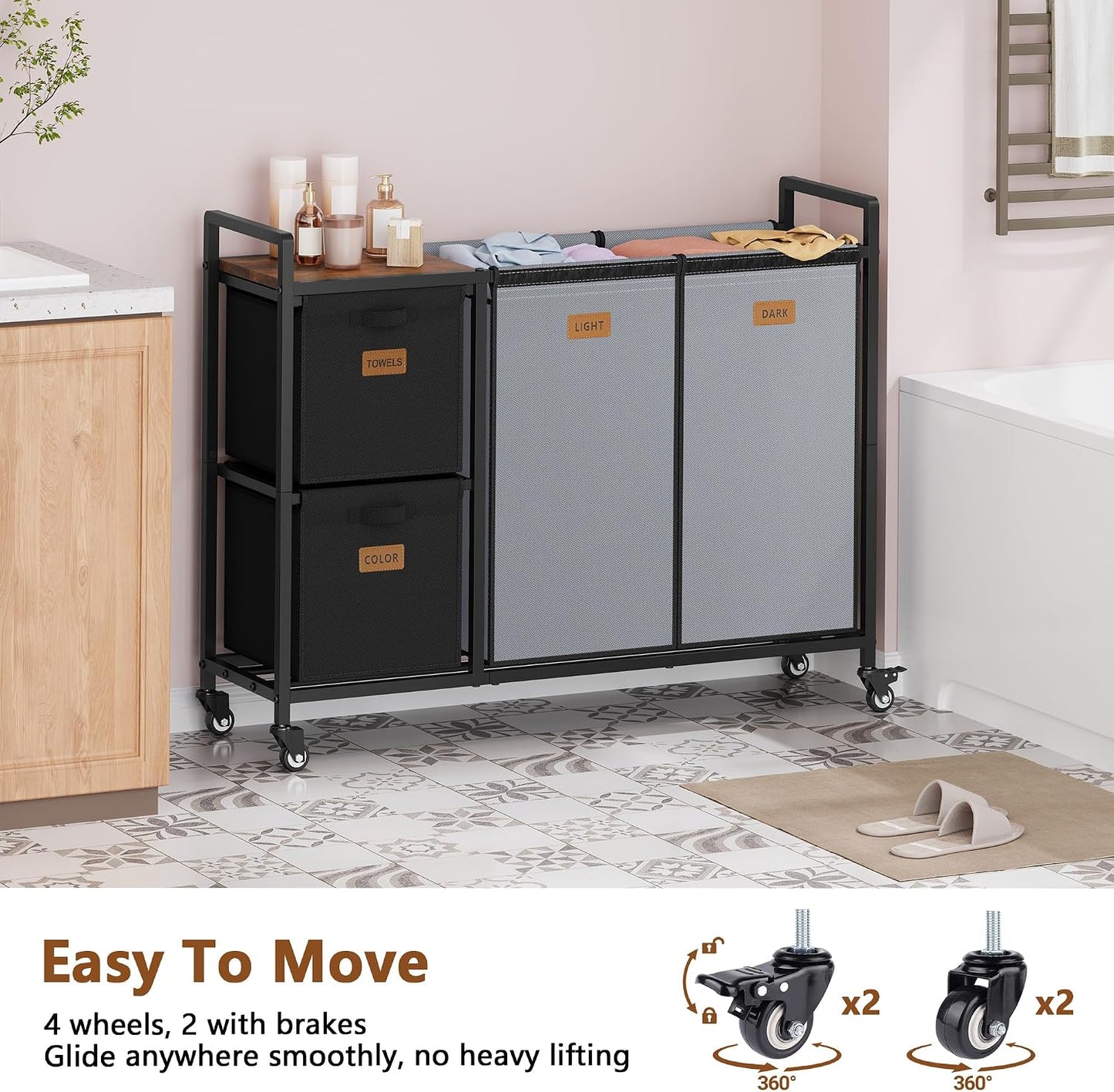 Hoctieon 4 Section Laundry Cart, 52.8 Gal. (200L) Laundry Hamper with Lid, Laundry Basket with Wheels, Rolling Laundry Sorter Organizer with Shelf, Clothes Separator with Removable Bags, Black
