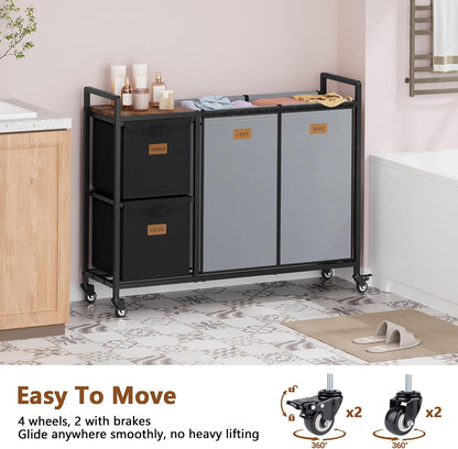 Hoctieon 4 Section Laundry Cart, 52.8 Gal. (200L) Laundry Hamper with Lid, Laundry Basket with Wheels, Rolling Laundry Sorter Organizer with Shelf, Clothes Separator with Removable Bags, Black