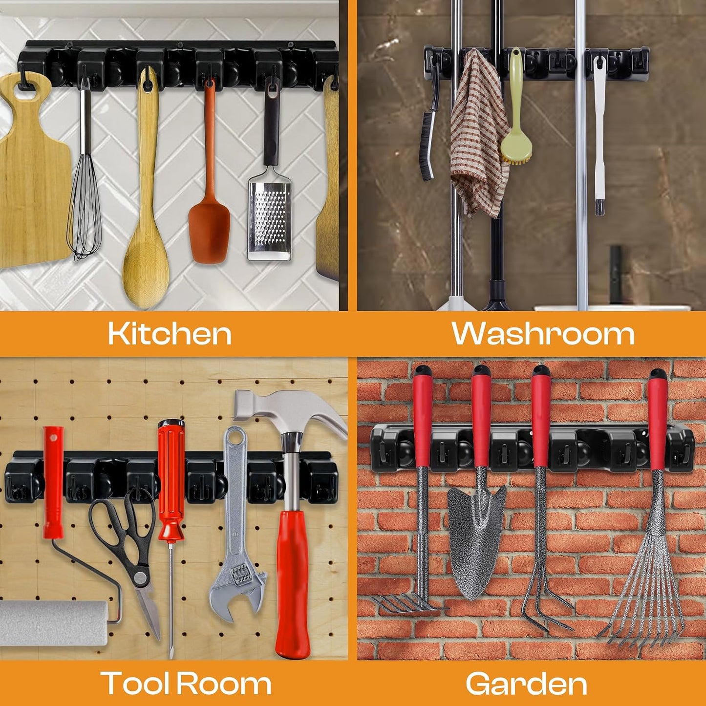 Stainless Steel Broom Holder Wall Mount, 3 Racks & 4 Hooks | Waterproof organizer for mops, brooms, tools and garden equipment, adjustable wall storage, black