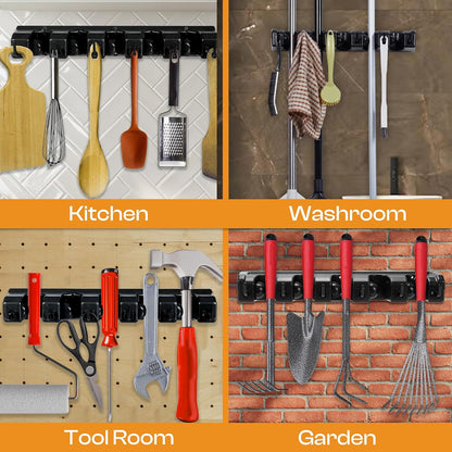 Stainless Steel Broom Holder Wall Mount, 3 Racks & 4 Hooks | Waterproof organizer for mops, brooms, tools and garden equipment, adjustable wall storage, black