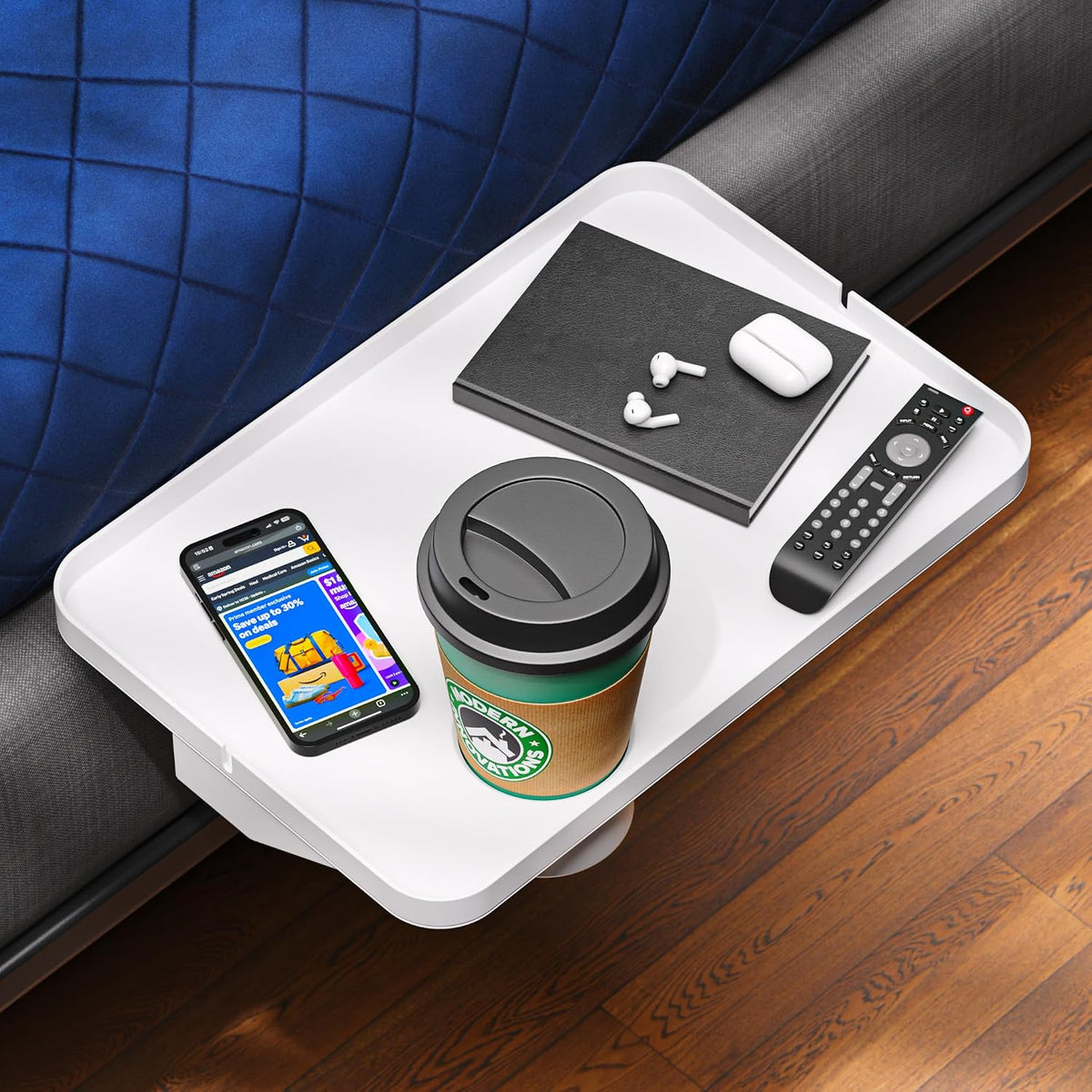 Modern Innovations Bedside Shelf for Bed, College Dorm Room, Bunk Bed Shelf/Caddy for Top Bunk, Clip On Nightstand Tray with Cord and Cup Holder for Table Storage (Black)