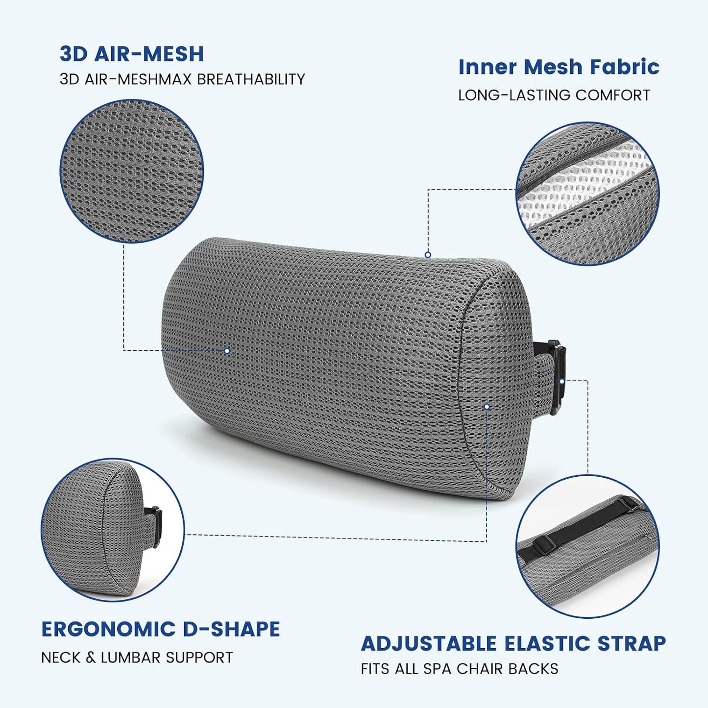 Headrest Pillow for Lounge Chair & Spa-Breathable 3D Mesh Quick-Dry Neck Support Bolster with Elastic Band for Beach, Poolside, Bath Tub, and Office Chair (1 PC Spa Pillow)