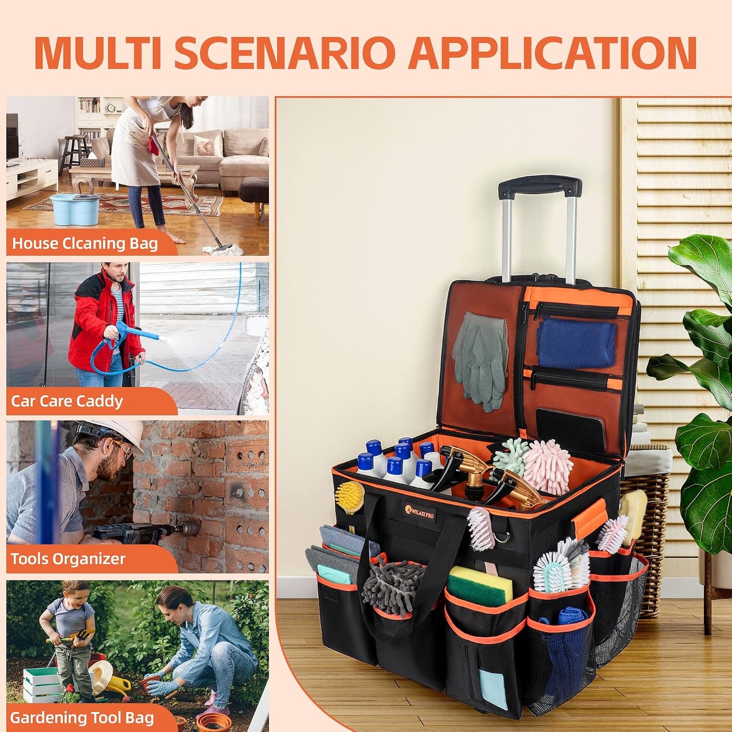 WILAXI PRO Large Rolling Cleaning Caddy with Wheels and Detachable Trolley, Extra Large Water-Resistant Cleaning Cart for Housekeepers, Cleaning Supplies Organizer with Multi-Pockets Tools Storage