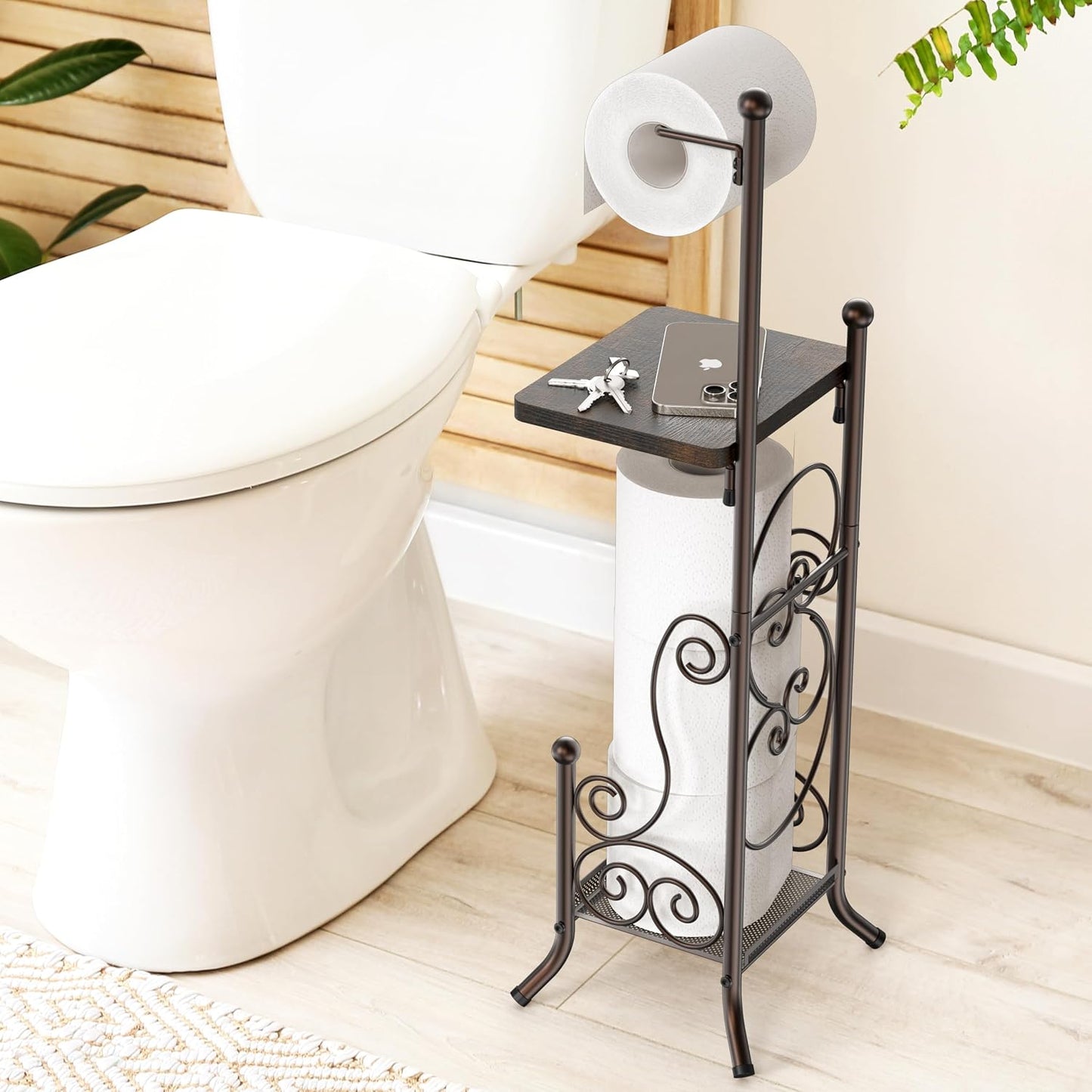 Simple Houseware English Style Toilet Paper Stand Holder w/Woodtop, Bronze | 4 Paper Rolls, 8.5" x 8.75" x 29.2"