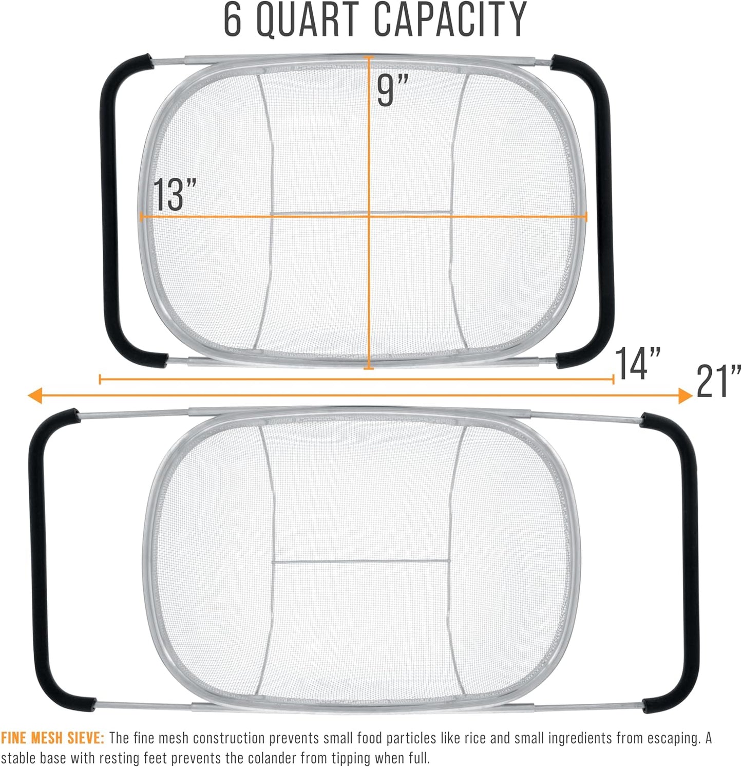 U.S. Kitchen Supply Stainless Steel Colander Strainer - 6-Quart Collapsible Colander with Expandable Rubber Handles - Rectangular Sieve, Fine Mesh Stainless Steel Strainers and Colanders for Kitchen