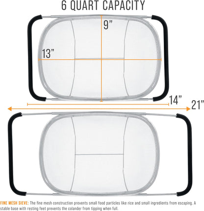 U.S. Kitchen Supply Stainless Steel Colander Strainer - 6-Quart Collapsible Colander with Expandable Rubber Handles - Rectangular Sieve, Fine Mesh Stainless Steel Strainers and Colanders for Kitchen
