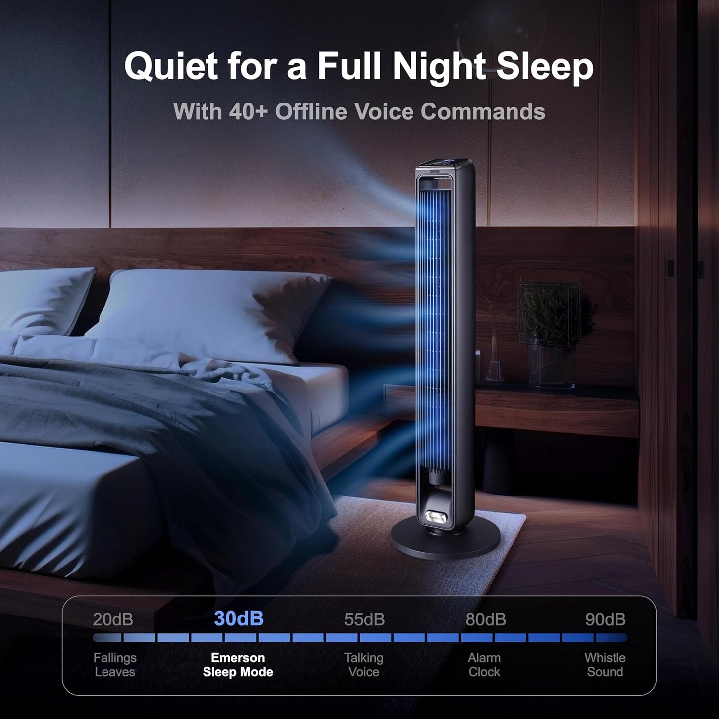 Emerson SmartVoice 40” Tower Fan, Wi-Fi-free Voice Control Fan, Hands-Free Cooling, No WiFi, No App, 70° Oscillation, 3 Speeds, 15-Hr Timer, Sleep Mode & Remote Control