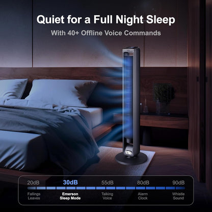 Emerson SmartVoice 40” Tower Fan, Wi-Fi-free Voice Control Fan, Hands-Free Cooling, No WiFi, No App, 70° Oscillation, 3 Speeds, 15-Hr Timer, Sleep Mode & Remote Control