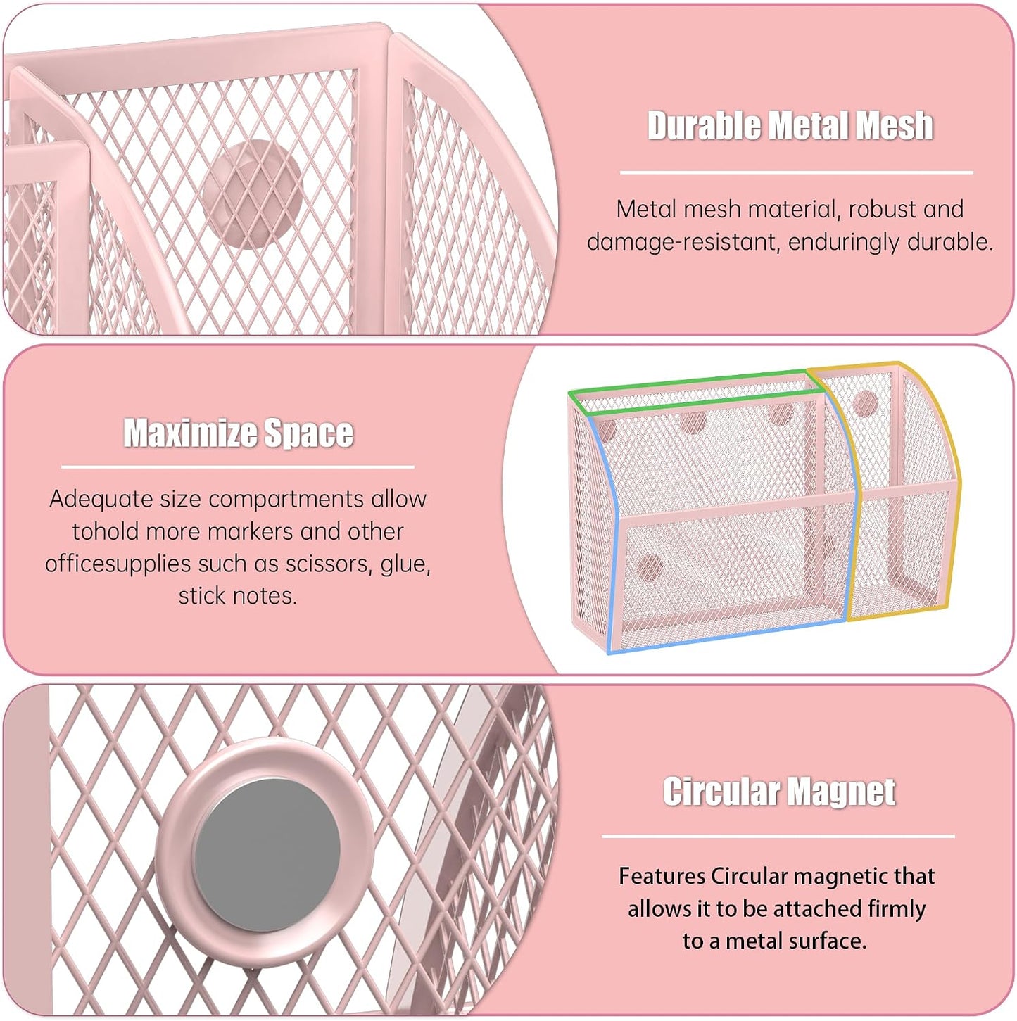 YINGHUA 3 Compartment Magnetic Metal Mesh Pen Holder, Black Desk Caddy | Perfect magnetic organizer for locker, whiteboard, refrigerator, or office. Easily holds pens and accessories