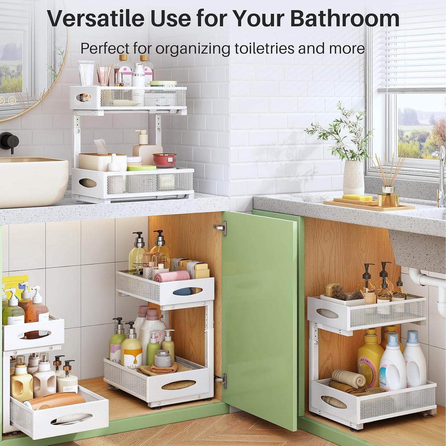 Under Sink Organizer, 2 Tier Pull out Cabinet Organizer Baskets with Mesh Sliding Drawers, Slide out Storage Shelf for Home, Kitchen, Bathroom, Pantry, Office Cabinet, Countertop(1 Pack)