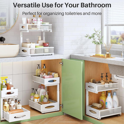 Under Sink Organizer, 2 Tier Pull out Cabinet Organizer Baskets with Mesh Sliding Drawers, Slide out Storage Shelf for Home, Kitchen, Bathroom, Pantry, Office Cabinet, Countertop(1 Pack)
