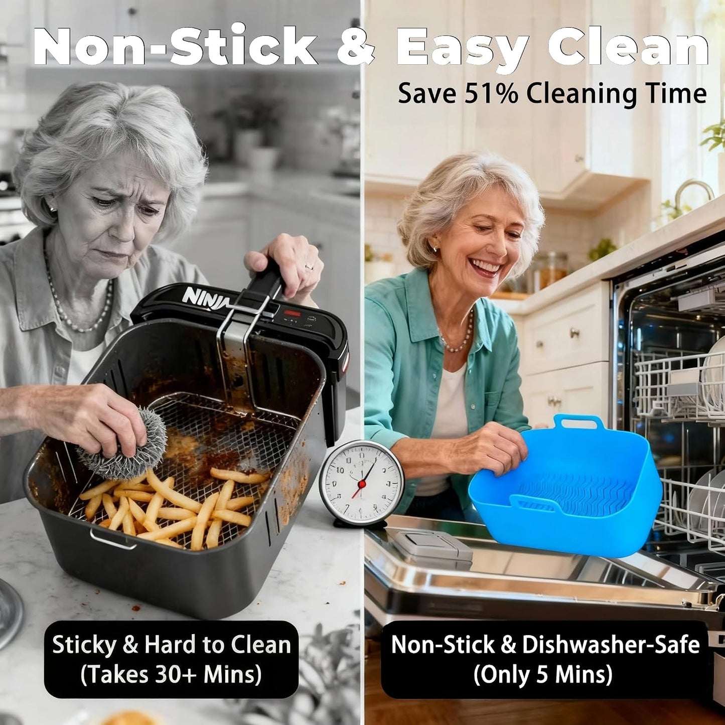 Silicone Air Fryer Liners for Ninja - Reusable DZ201 8QT Dual Basket - Rectangular 2-Pack Vacuum-Packed Easy-Clean Dishwasher-Safe Food-Safe for Home Chefs - Housewarming Gifts