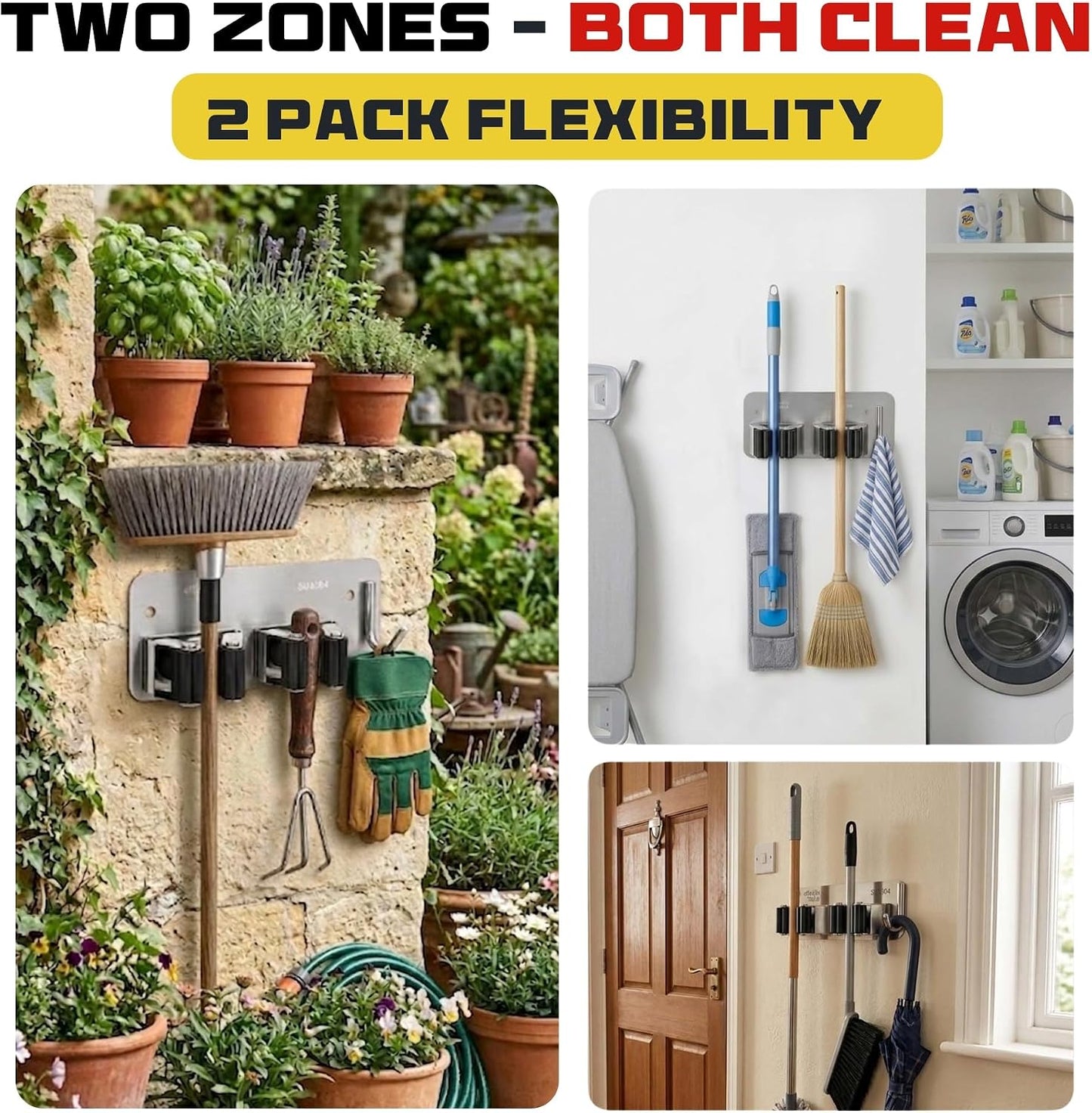 Wall Mount Hanger for Brooms & Mops - Adhesive Stainless Steel Mops & Broom Holder, 4 Clamps, 3 Hooks, & 5 Towel Hanger Clips Including Mounting Hardware for Utility Room Organization