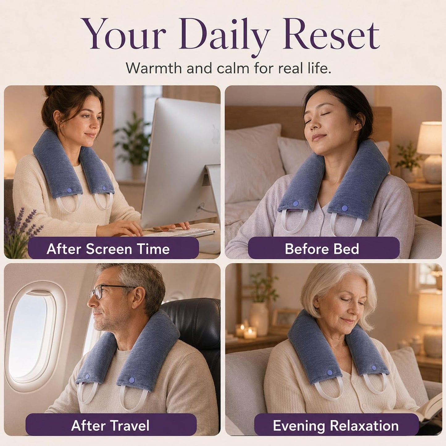 Premium Lavender Neck Wrap Set, Microwavable Heat Pad with Eye Pillow | Balanced lavender, salt, and buckwheat blend creates soothing neck warmth, warm or chilled use, and added tired-eye comfort.