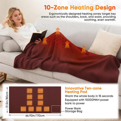 Heated Blanket Battery Operated Cordless Portable Heated Shawl,61" x 31" Electric Throw Blanket with 3 Fast Heating Levels,with Rechargeable Power Bank, Winter Gift for Women