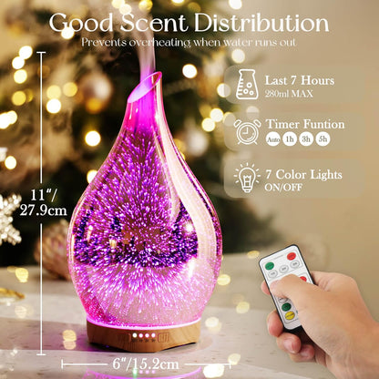 Porseme 280ml Remote Essential Oil Diffuser 3D Glass Ultrasonic Mist 7H | Elegant Handmade Glass Aroma Diffuser with 7-color LEDs, Quiet Aromatherapy and Safe Auto Shut-off, Perfect for Gifts