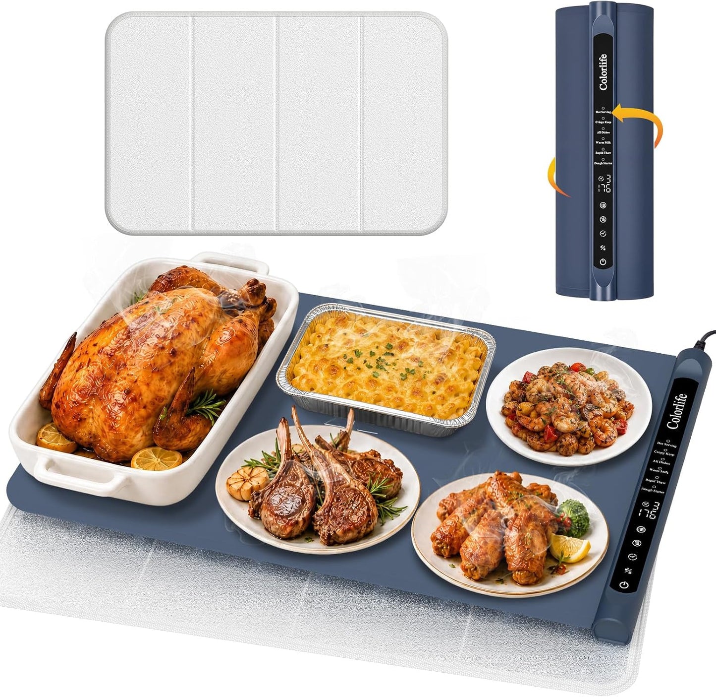 Warming Mat for Food, Electric Warming Tray with Heat-Resistant Pad-L Grey | Colorlife 6 Preset Modes, 7 Temps, 6H Timer, Child Lock, Auto-Memory, Rollable Silicone Food Warmer for Buffet, Parties