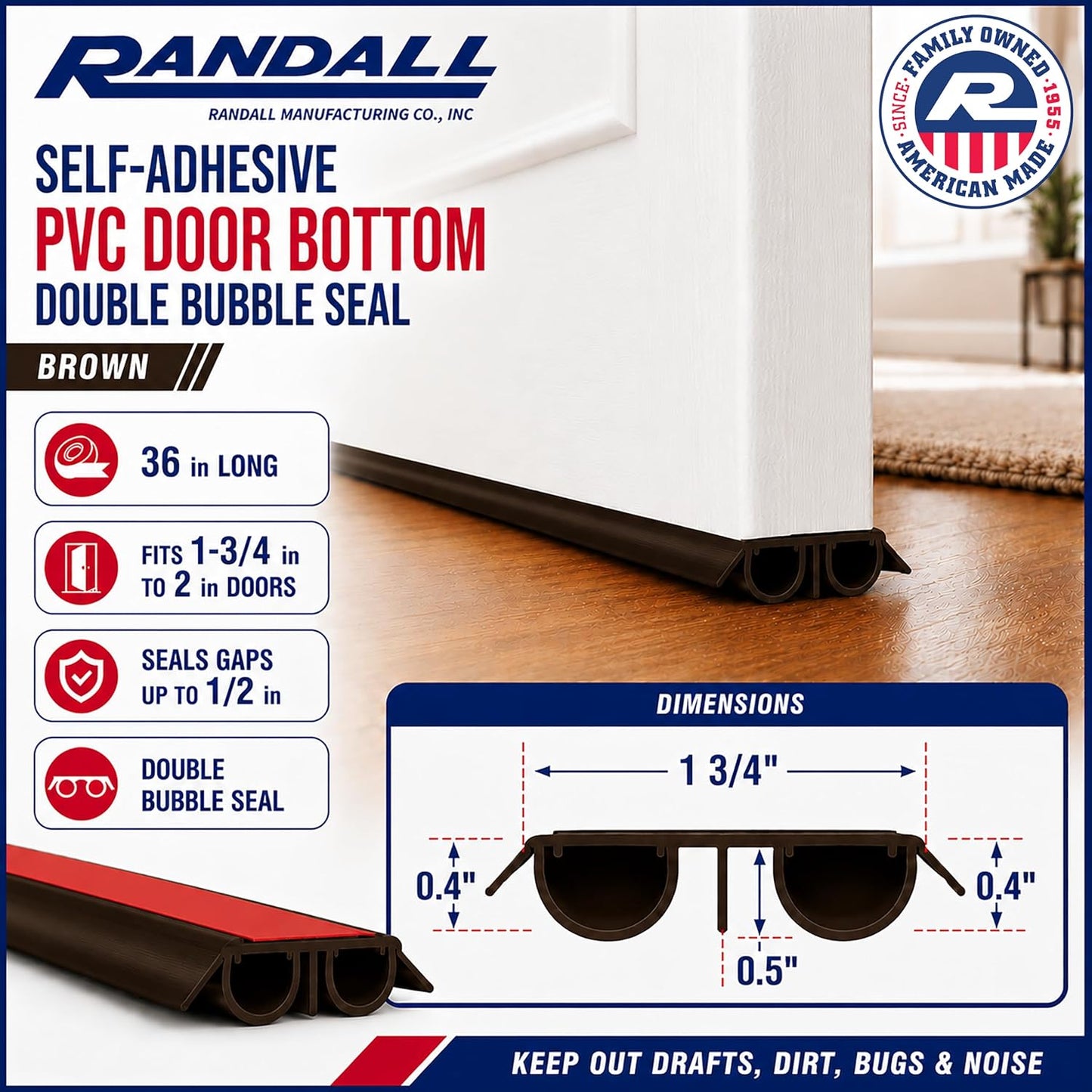 36" PVC Double Bubble Seal Self Adhesive Door Bottom, Stick-On Under Door Draft Stopper, Door Sweep Replacement for 1-3/4" to 2" Doors, Seals Gaps up to 1/2" (Black)