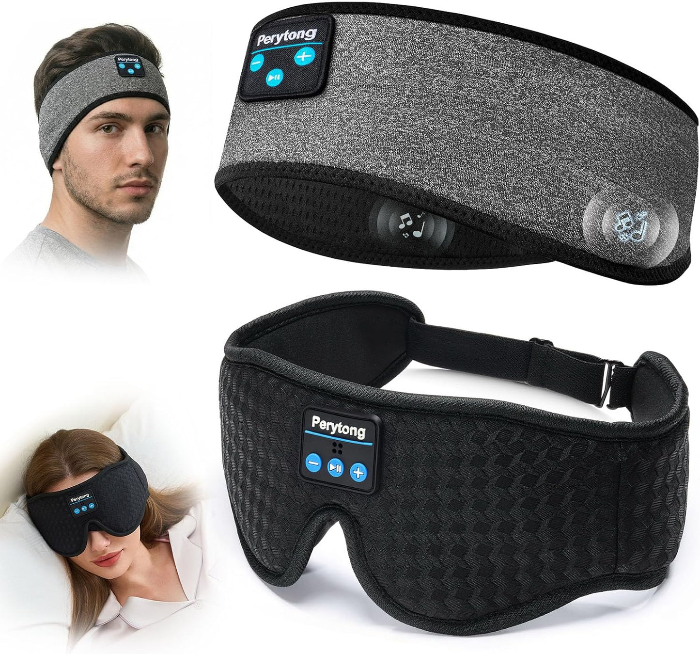 2-Pack Sleep Headphones & 3D Sleep Mask Set, Sleep Headband Headphone & Wireless Eye Mask with Ultra-Thin Speakers for Side Sleepers, Idea for Running, Workout, Insomniac, Travel, Meditation