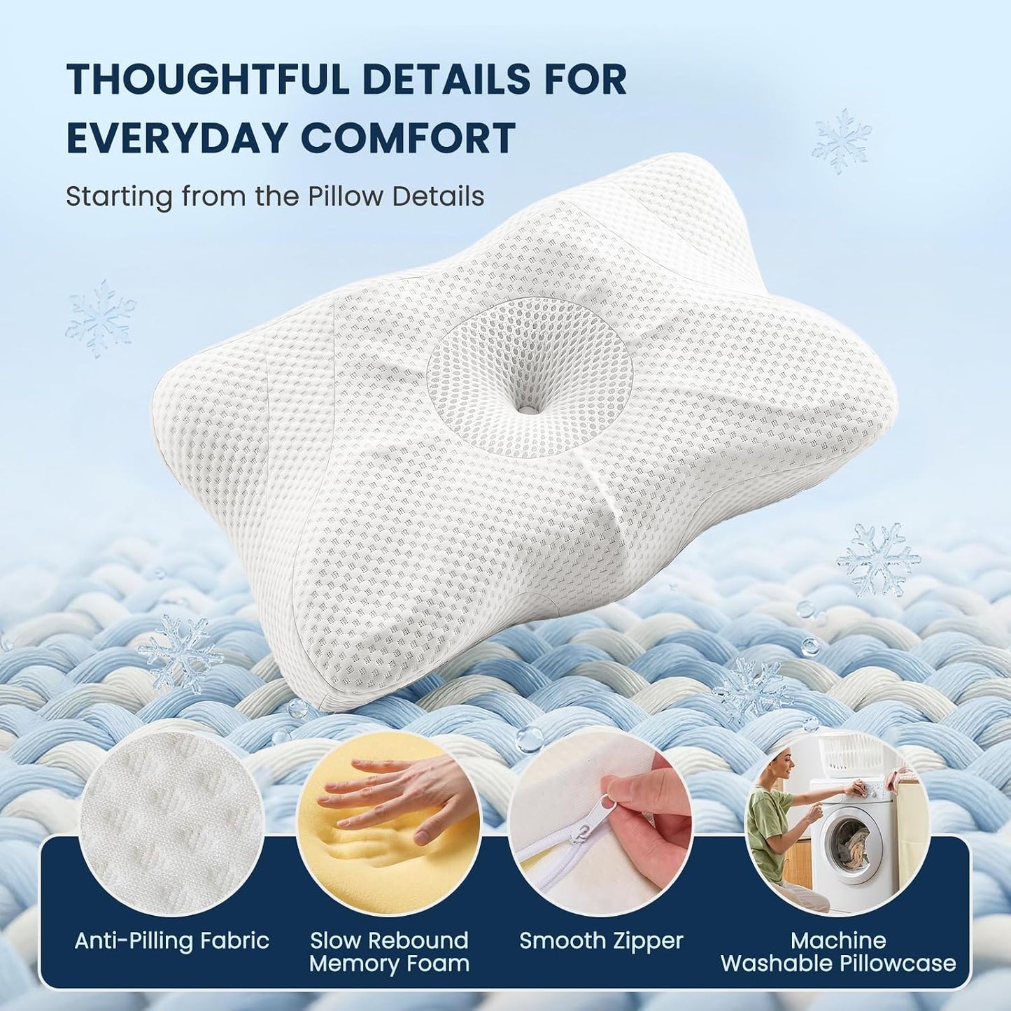 Sweetcrispy Cervical Pillow for Neck and Shoulder - Ergonomic Memory Foam Pillows, Contour Side Sleeper for Adults, Cooling Orthopedic Neck Support for Back Stomach Sleepers, White