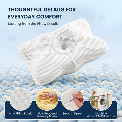 Sweetcrispy Cervical Pillow for Neck and Shoulder - Ergonomic Memory Foam Pillows, Contour Side Sleeper for Adults, Cooling Orthopedic Neck Support for Back Stomach Sleepers, White
