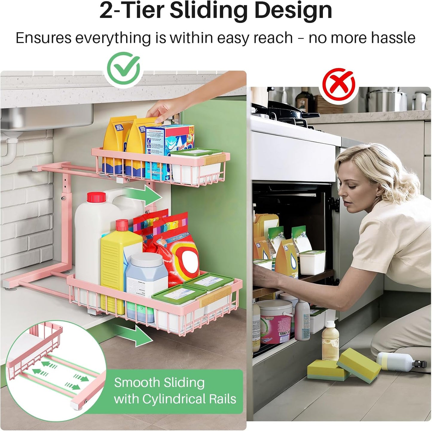 Kitstorack Under Sink Organizer, 2 Tier Under the Sink Storage, Slide out Pull out Cabinet Organizer Shelf, Metal Sliding Drawer for Kitchen Bathroom Pantry Closet Organization Rack, Black, 2 Pack