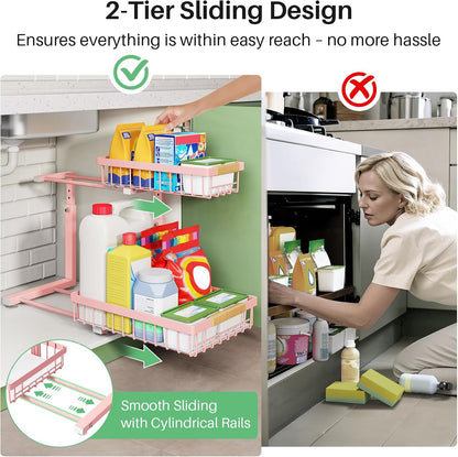 Kitstorack Under Sink Organizer, 2 Tier Under the Sink Storage, Slide out Pull out Cabinet Organizer Shelf, Metal Sliding Drawer for Kitchen Bathroom Pantry Closet Organization Rack, Black, 2 Pack